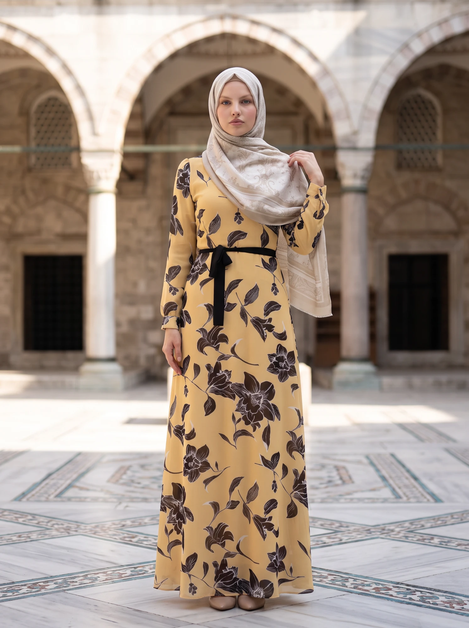 AI hijab model in a modest floral dress in a mosque courtyard, generated with AI Fashion Studio