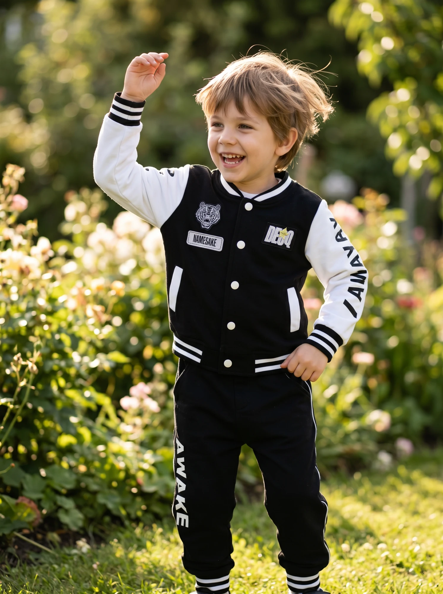 AI child boy model in a varsity jacket, generated with AI Fashion Studio