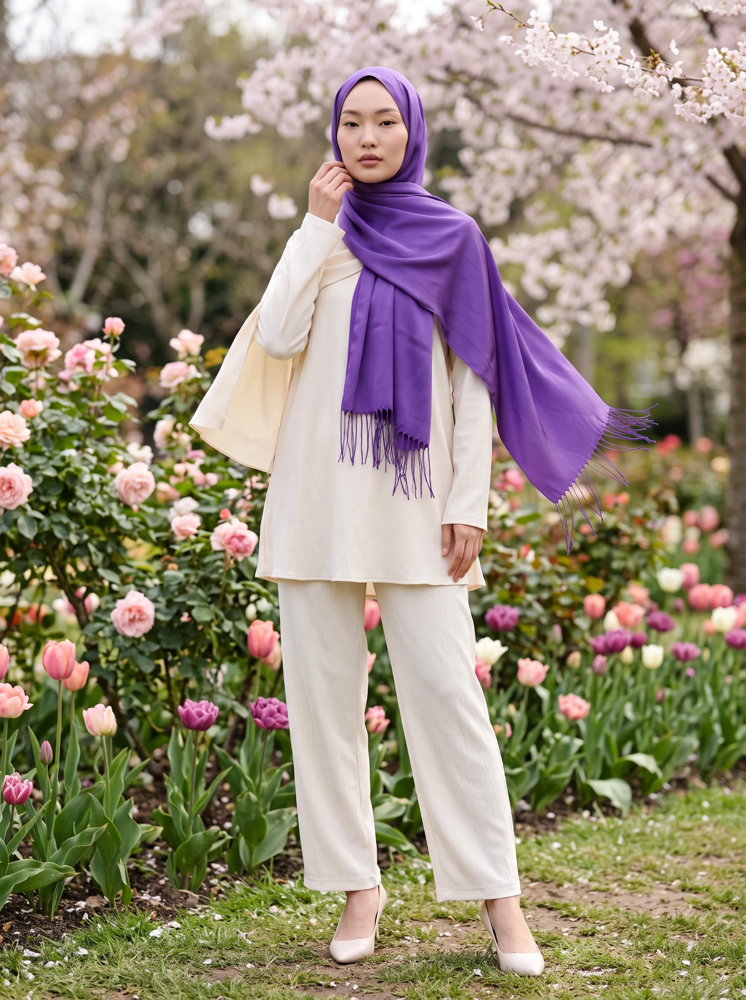 AI hijab model in a modest outfit with a purple scarf in a blossom garden, generated with AI Fashion Studio