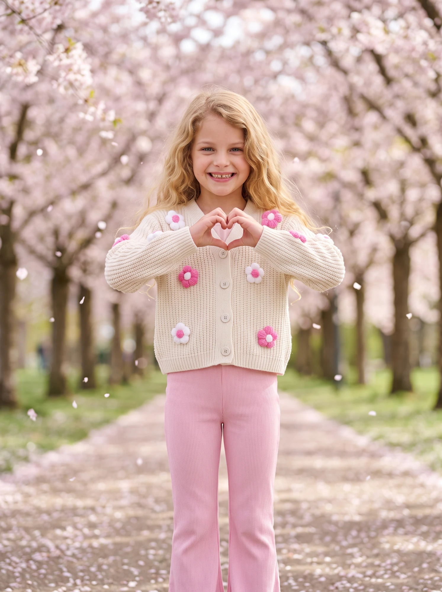 AI child girl model in a floral cream cardigan making a heart with her hands under cherry blossoms, generated with AI Fashion Studio